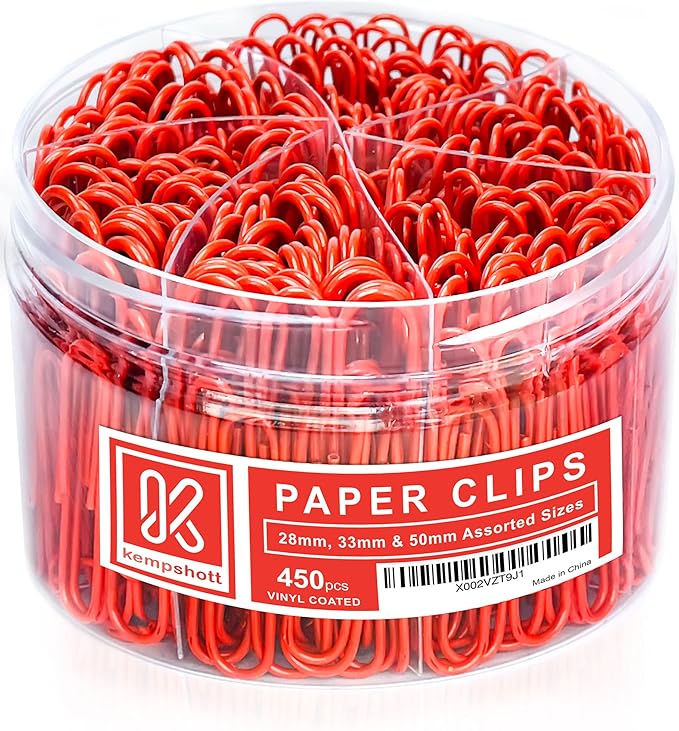 Kempshott 450 Red Color Paper Clips Assorted Sizes Small, Medium and Large by Kempshott%C2%AE