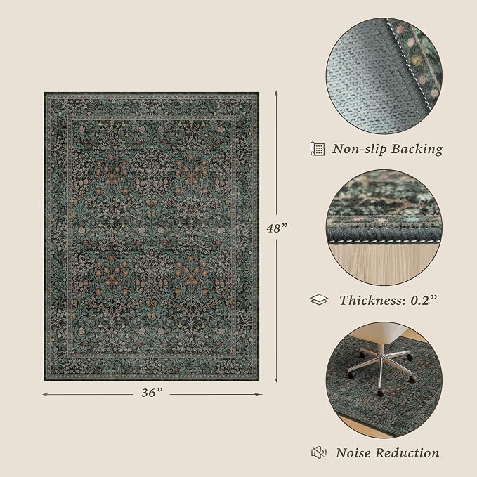 Vintage Floral Dark Green Office Chair Mat - Image 2