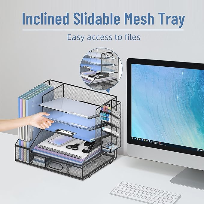 SUPEASY Desk Organizer with File Holder, 5-Tier Mesh Paper Letter Tray and 3 - Image 2