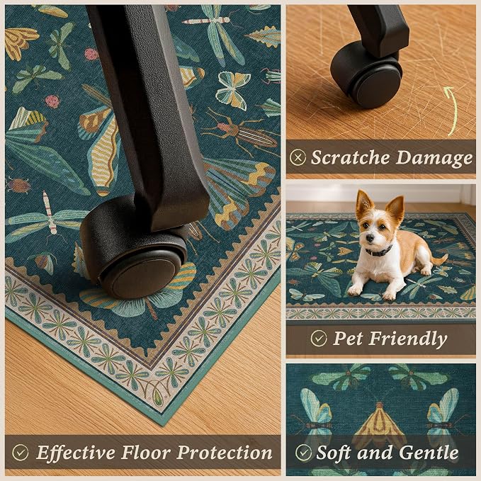 4'x5' Teal Office Chair Mat for Hardwood Floors, Insect Boho Design, Non-Slip - Image 5