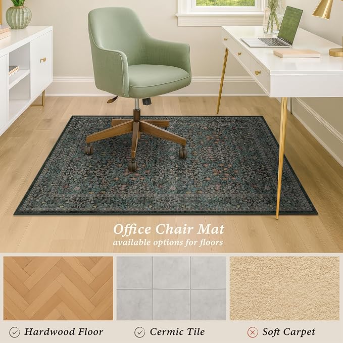 Vintage Floral Dark Green Office Chair Mat - Image 5