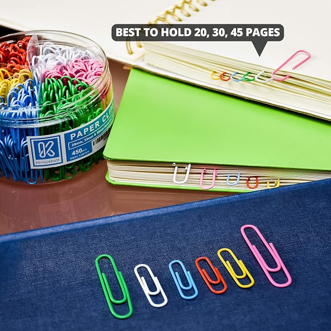 Kempshott 450 Color Paper Clips Assorted Sizes Small, Medium and Large Paper - Image 4