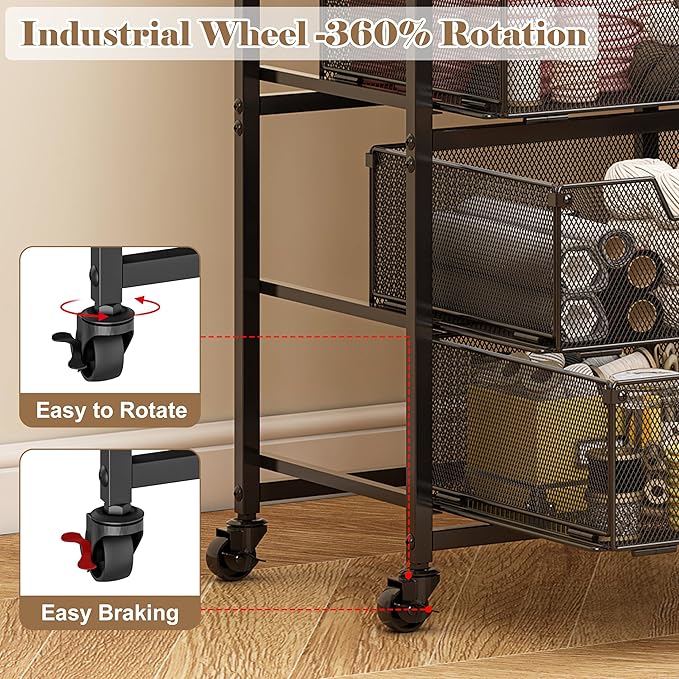 Rolling Cart with Drawers, 4-Drawer Storage Cart on Wheels with Wooden Top - Image 3