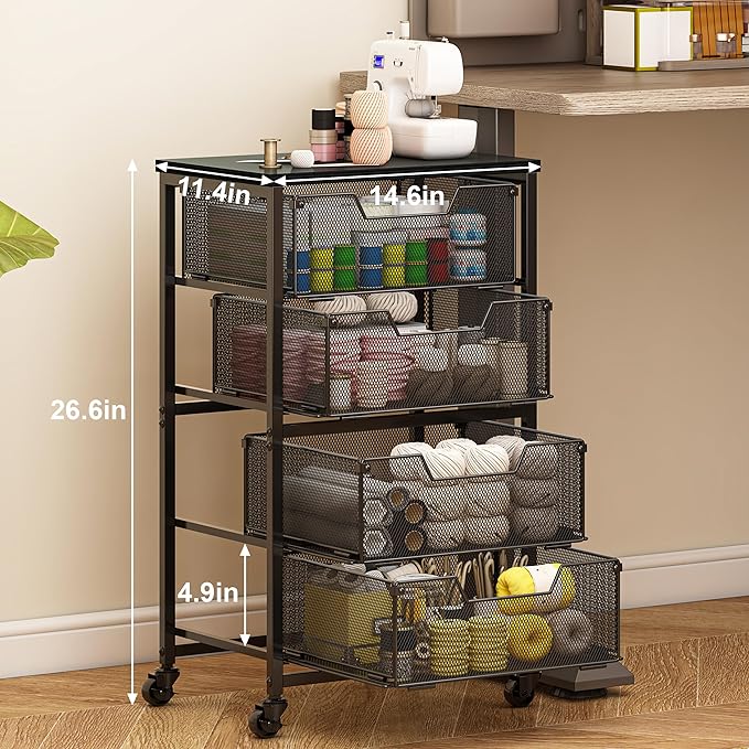 Rolling Cart with Drawers, 4-Drawer Storage Cart on Wheels with Wooden Top - Image 2