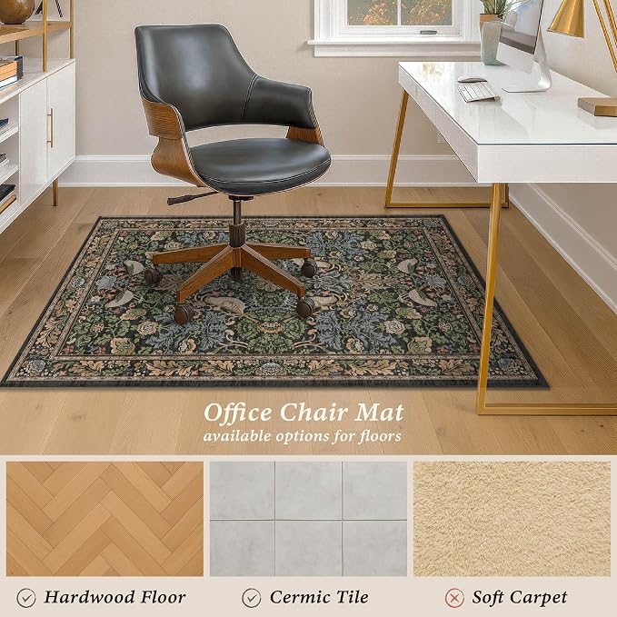 3x4 Green Office Chair Mat for Hard Wood & Tile Floor, Boho Low Pile Carpet - Image 3
