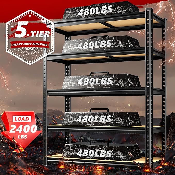 REIBII 2400LBS Storage Shelves 5 Tier Garage Shelving Heavy Duty Adjustable - Image 4