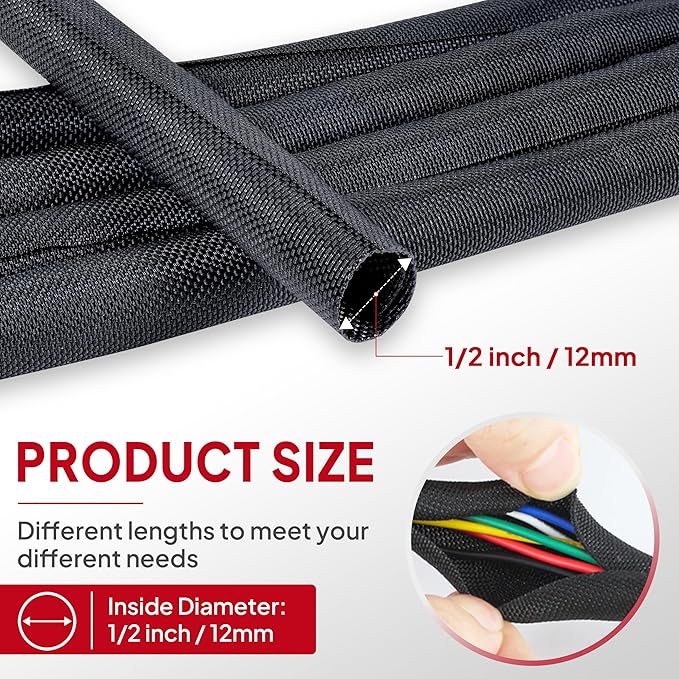 Black Braided Cable Management Sleeves Wire Loom Tubing Cord Protector - Image 2