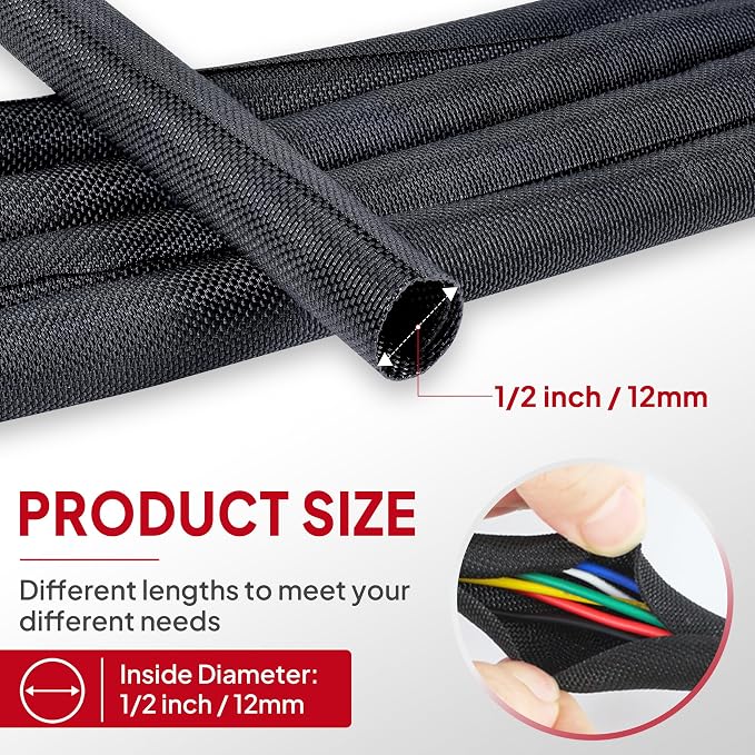 Black Braided Cable Management Sleeves, 1/2"-12Feet | Wire Loom Tubing - Image 2