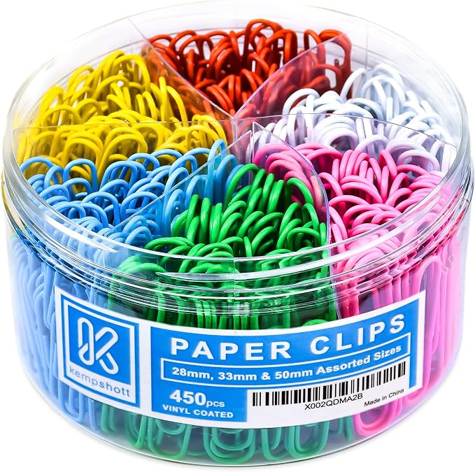 Kempshott 450 Color Paper Clips Assorted Sizes Small, Medium and Large Paper by Kempshott%C2%AE