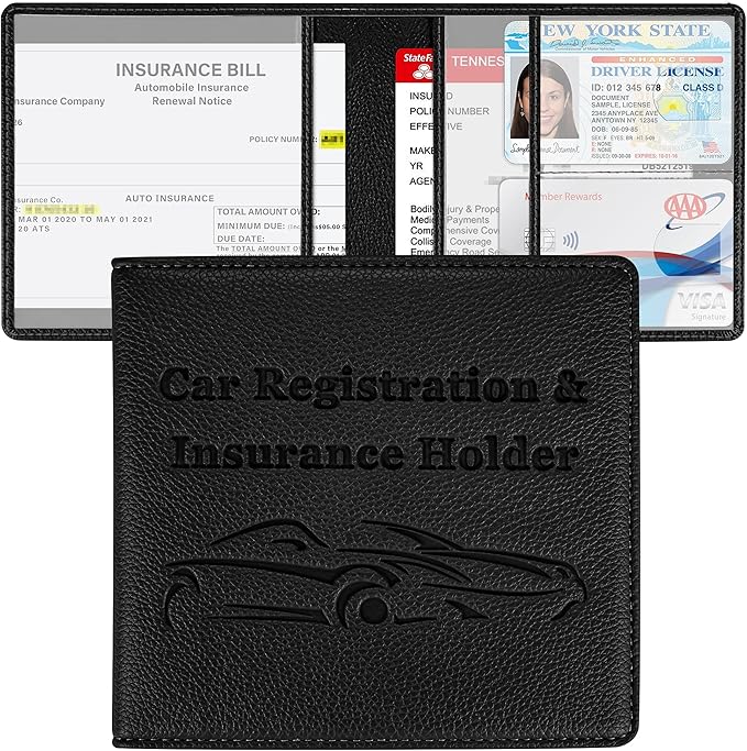 Car Registration and Insurance Holder, Premium PU Leather Vehicle Glove Box Car by New+Fashion+Kingdom