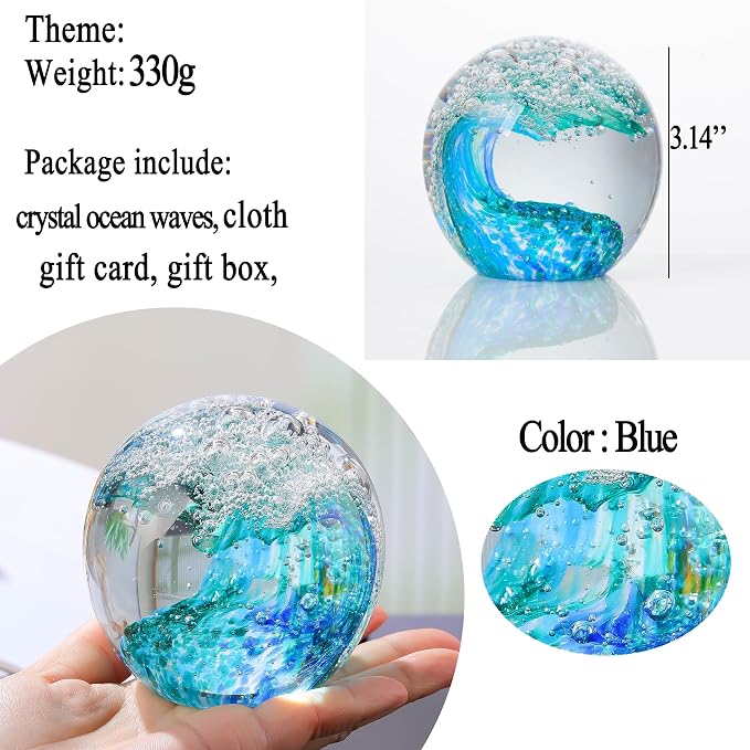 Qianwei Ocean Waves Hand Blown Glass Decor Crystal Ball Sea Figurines Gifts | - Image 3