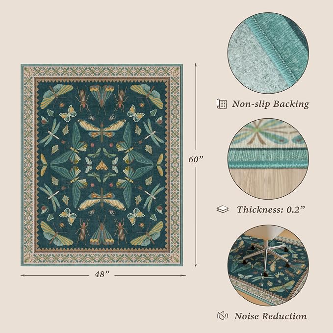 4'x5' Teal Office Chair Mat for Hardwood Floors, Insect Boho Design, Non-Slip - Image 2