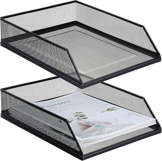 Hicarer 2 Pcs Black Metal Letter Tray Stackable Desk Tray Single Wire Mesh by Hicarer
