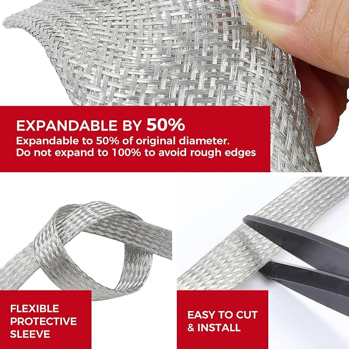 Tinned Copper Braid Wire Shielding Ground Strap Metal Cable Sleeve Expandable - Image 5