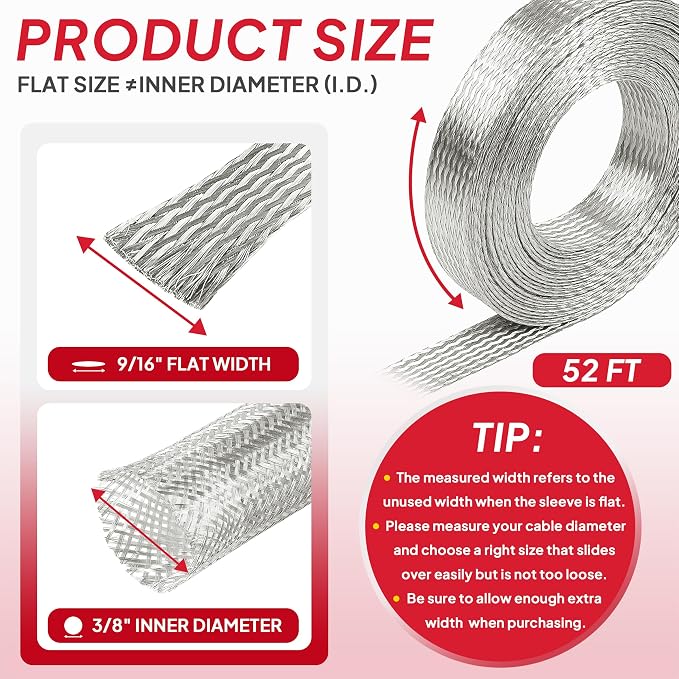 9/16" Wide Tinned Copper Braided Metal Wire Shielding Sleeve Ground Strap - Image 2