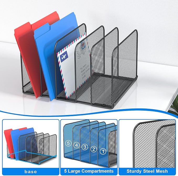 TOPCJ 5 Sections Desk File Holder/Rack/Sorter, Mesh File Organizer, File Folder - Image 4
