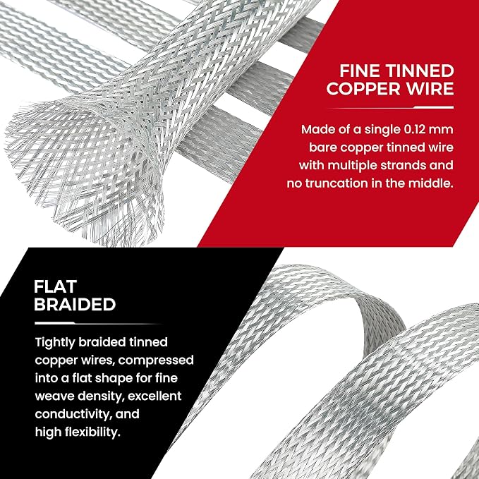 11/16" Wide Tinned Copper Braided Metal Wire Shielding Sleeve Ground Strap - Image 5