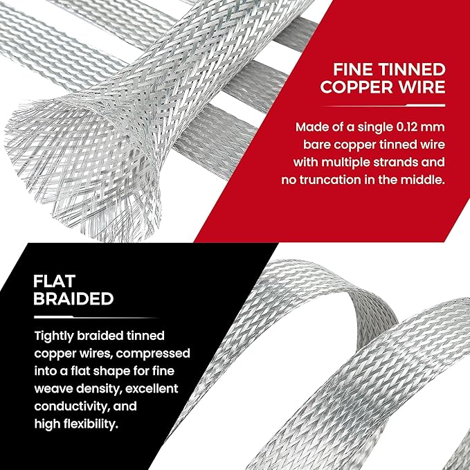 Tinned Copper Braid Wire Shielding Ground Strap Metal Cable Sleeve Expandable - Image 5