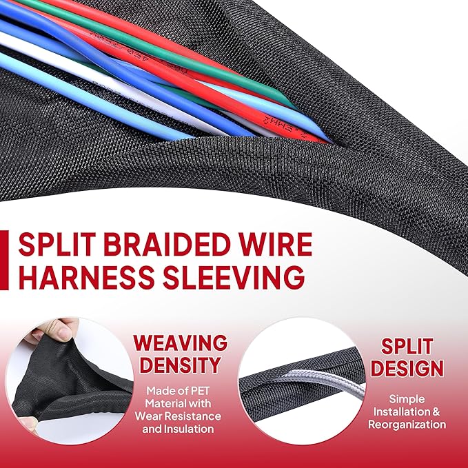 Black Braided Cable Management Sleeves Wire Loom Tubing Cord Protector - Image 3