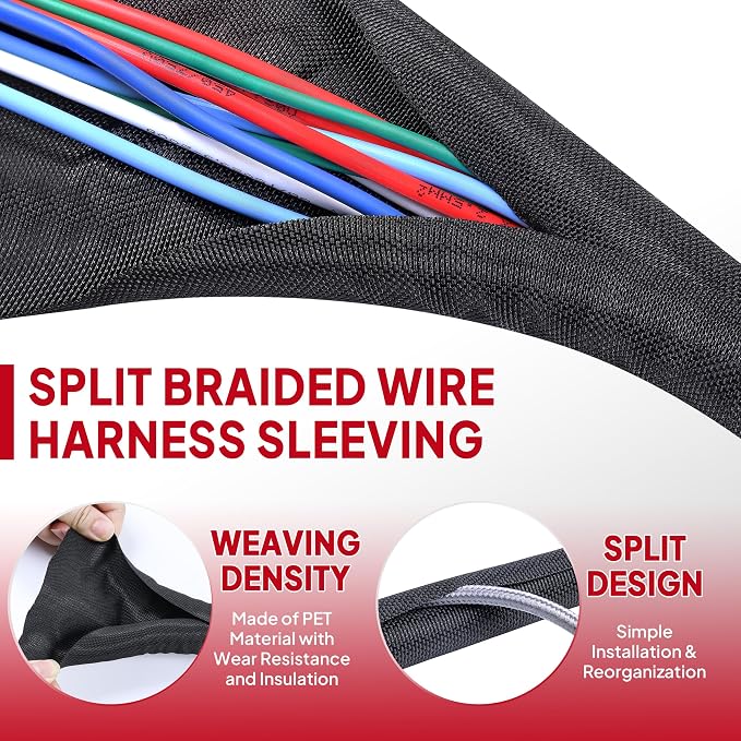Black Braided Cable Management Sleeves Wire Loom Tubing Cord Protector - Image 4