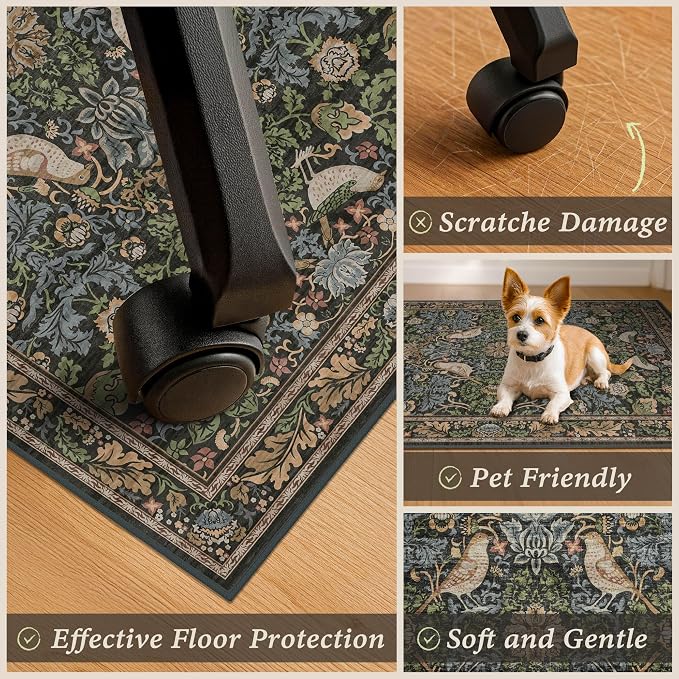 3x4 Green Office Chair Mat for Hard Wood & Tile Floor, Boho Low Pile Carpet - Image 4
