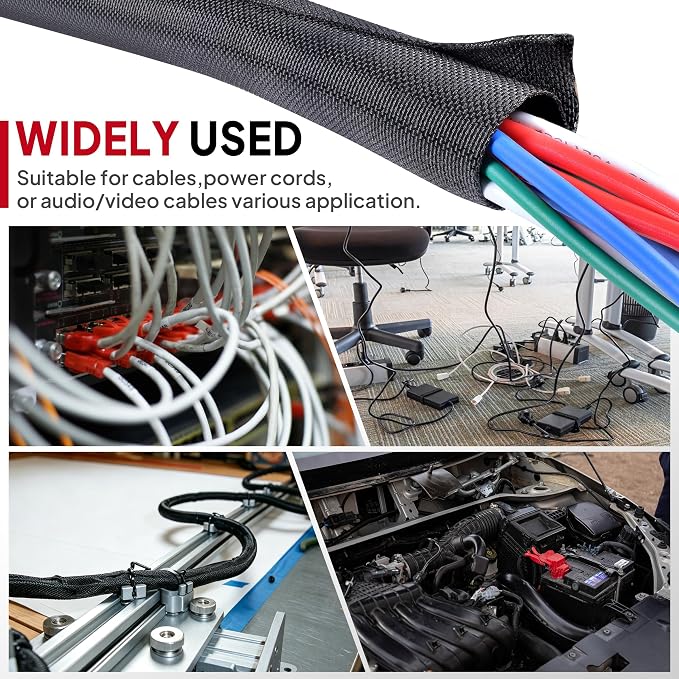 Black Braided Cable Management Sleeves, 1/2"-12Feet | Wire Loom Tubing - Image 9